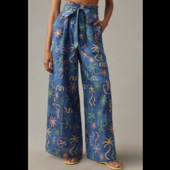 Brand New Corey Lynn Calter Linen Tropical Printed Wide-Leg Pants - Picture 3 of 9
